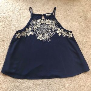 Eyeshadow Sleeveless Top with straps Navy and white embroidered Sz M
